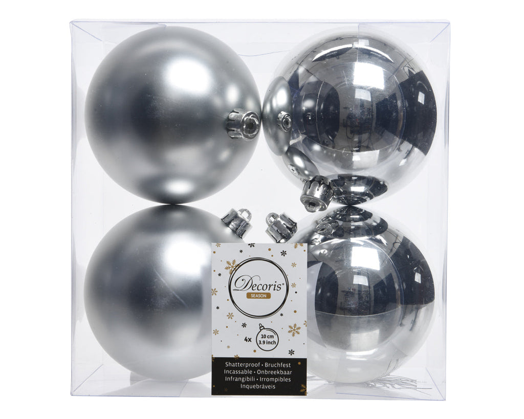 4x Bolas de navidad lisas plateadas de plástico de 10cm