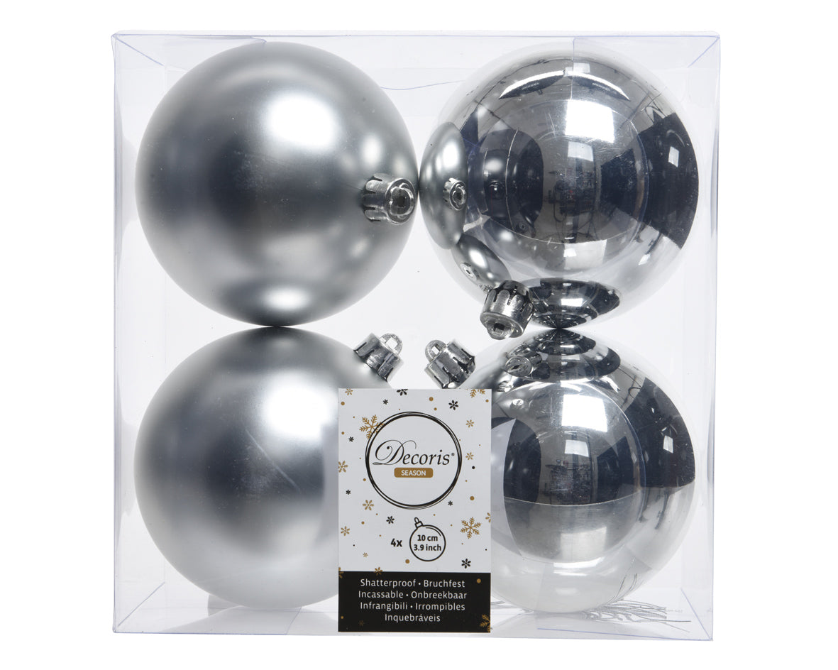 4x Bolas de navidad lisas plateadas de plástico de 10cm