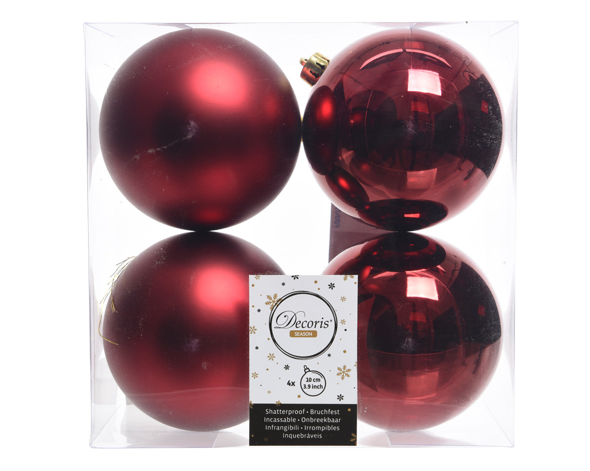 4x Bolas de navidad lisas de plástico en rojo de 10cm