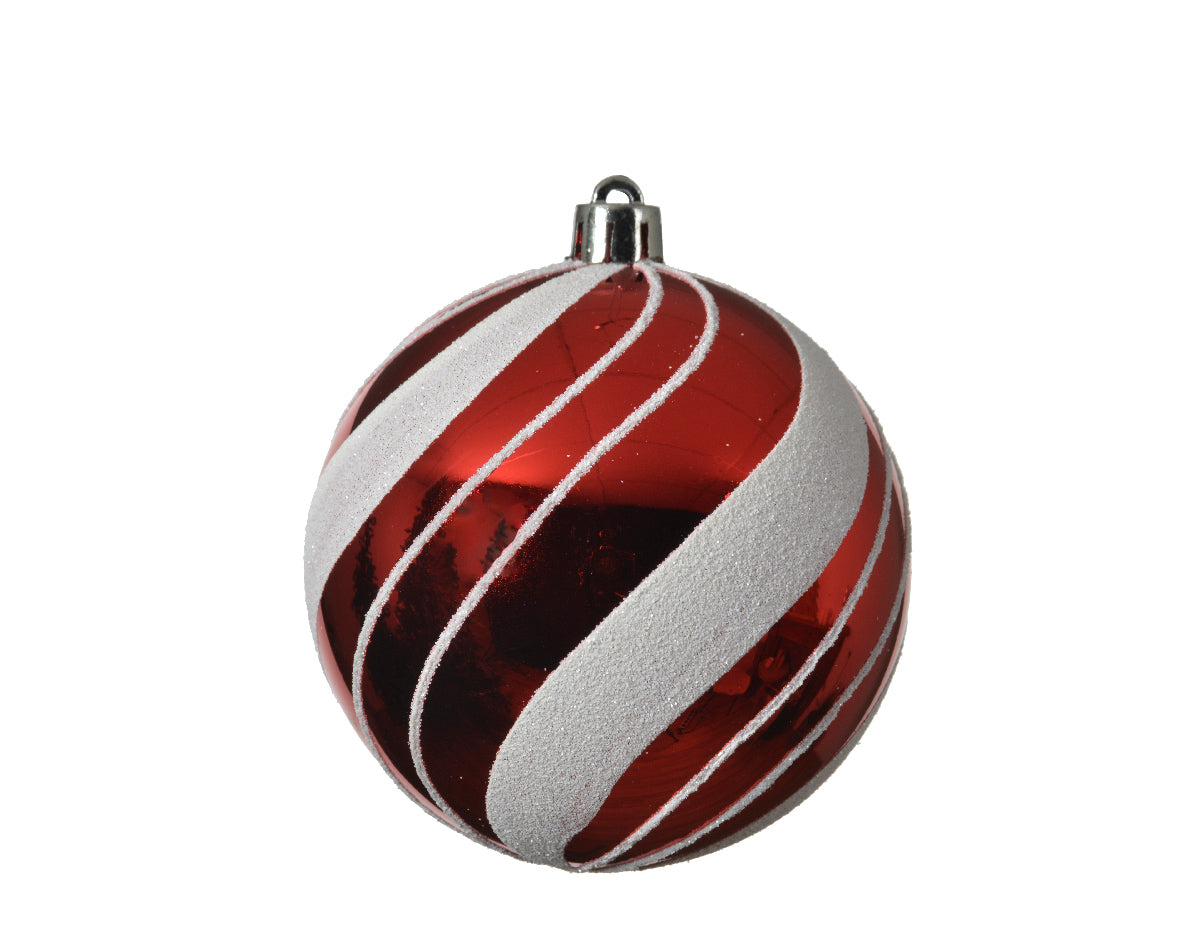 Bola de Navidad  en rojo y blanco de plástico con stripes de 8cm