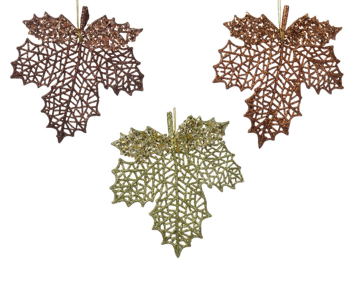 Hojas de decoración  para árbol de navidad roja, verde y marrón plástico 14 cm