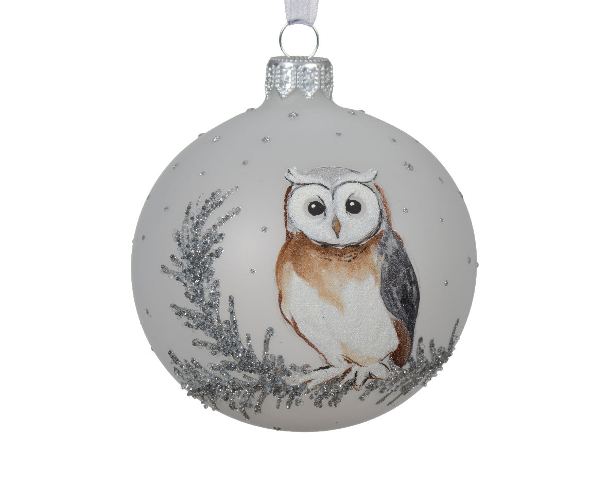 Bola de navidad blanco de vidrío con adorno de un búho adornos de cristal