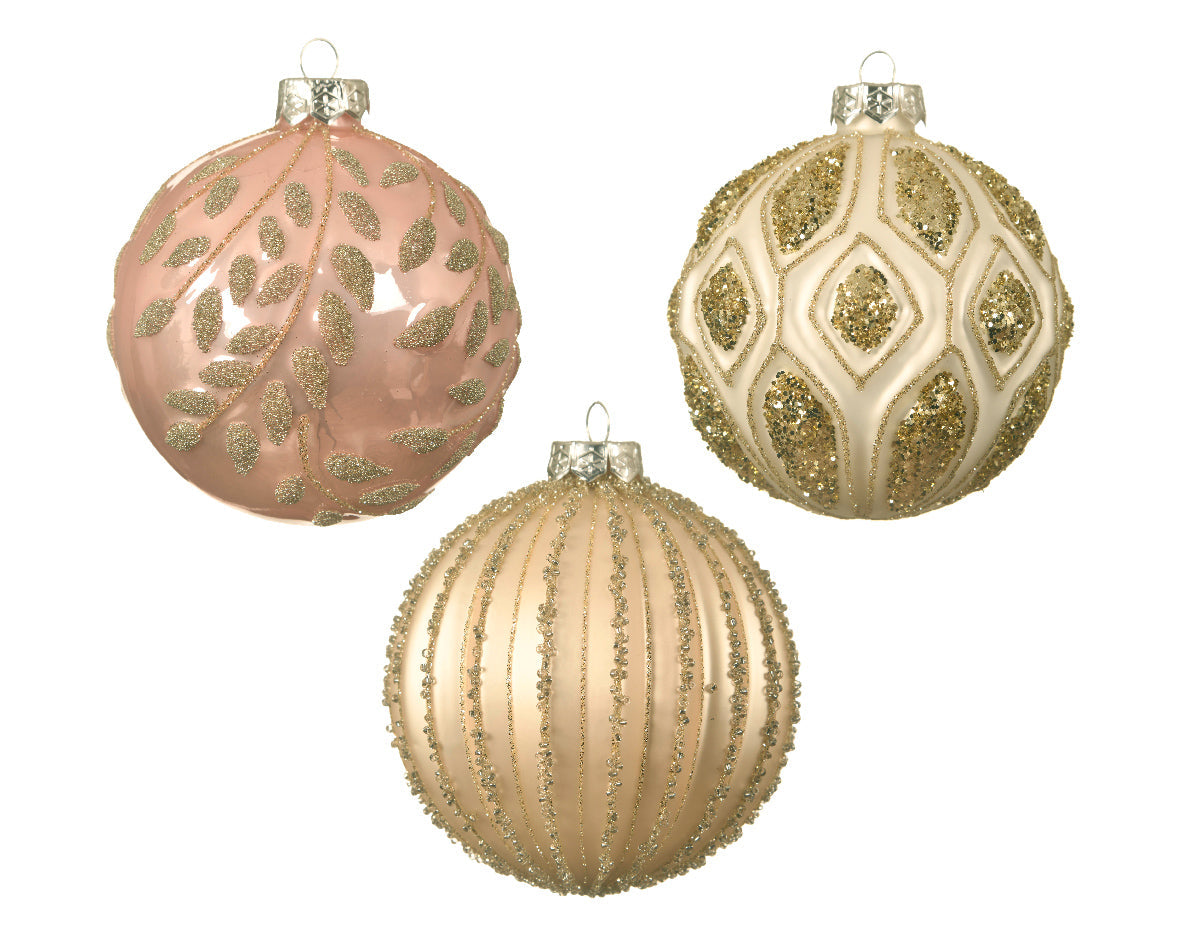 Bola de navidad de cristal con glitter en rosa y dorado
