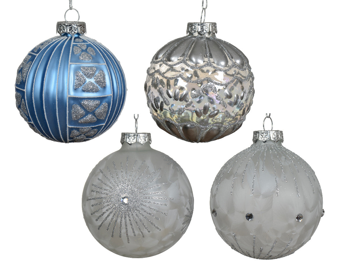 Bola de navidad de vidrio en azul y plateado adornos de cristal