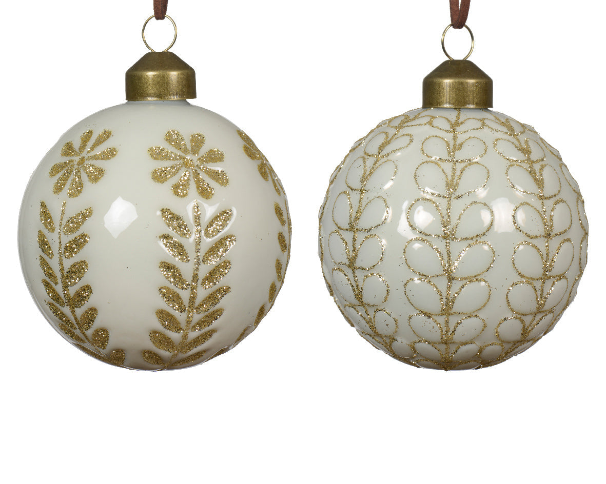 Bola de Navidad blanca de cristal con decoración  interior dorado color blanco