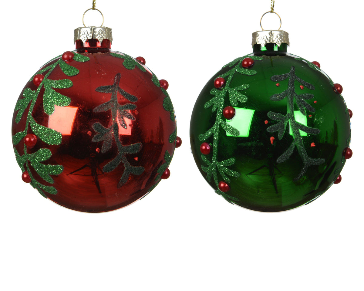 071443-Adorno de cristal decorado  redondo rojo 8 cm-navidad-envio-canarias