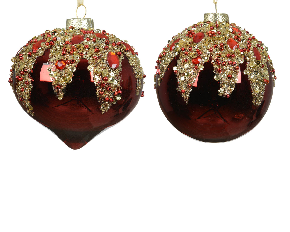 071674-Adorno de cristal redondo y cebolla color burdeos 10 cm-navidad-envio-canarias