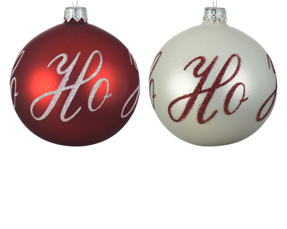 Bola de Navidad HOHOHO de cristal Roja y Blanca de 8cm