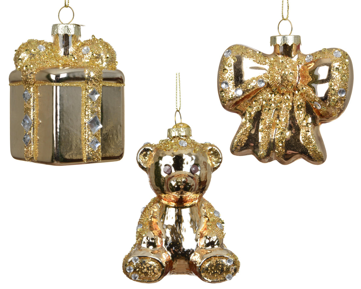 123917-Figura de cristal osito de peluche lazo y regalo color dorado-navidad-envio-canarias