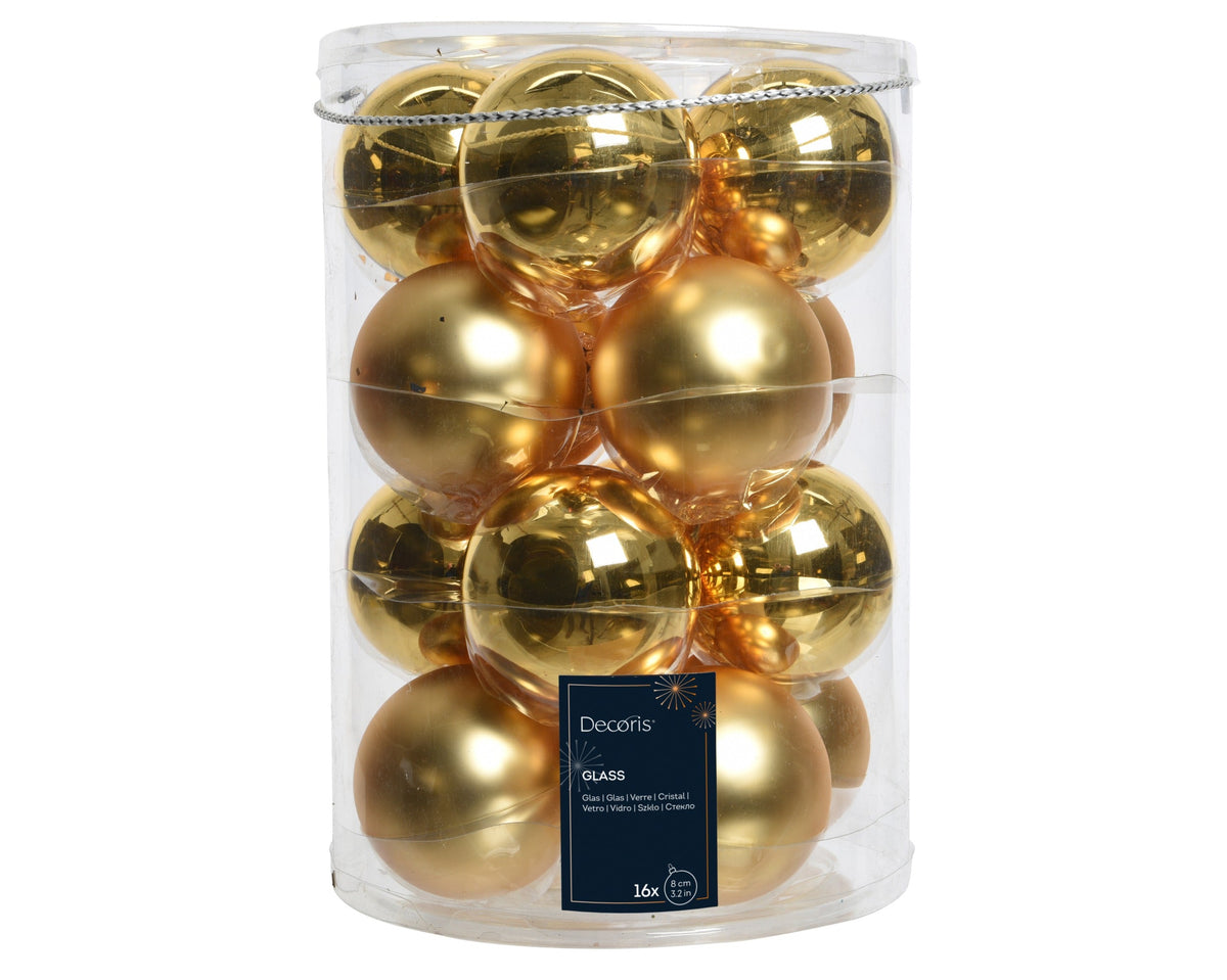 140713-Pack 16 bolas lisas de Navidad de cristal color oro claro 8 cm-navidad-envio-canarias