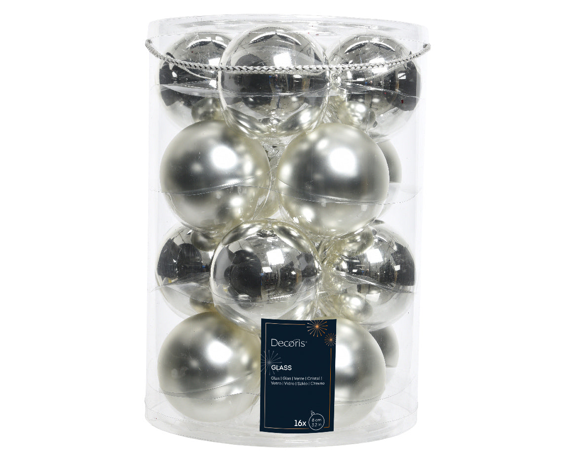 16x Bolas de navidad lisas plateadas de cristal de 8cm