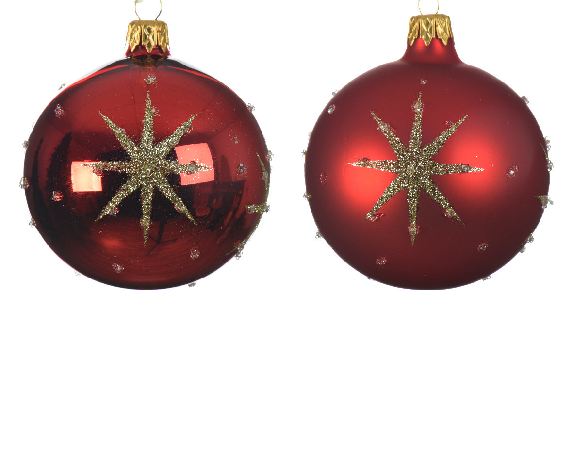 Bola de navidad de cristal rojo puntos y estrellas