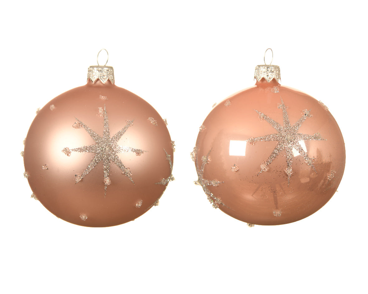 Bola de navidad de cristal rosa estrellas y puntos