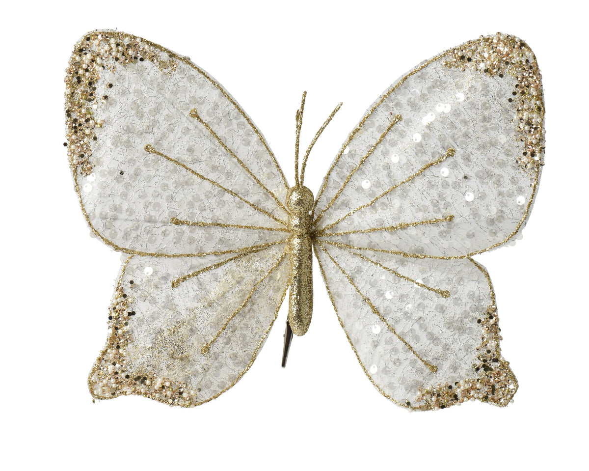 202179-Adorno de mariposa blanco/dorado de 25 x 33 cm-navidad-envio-canarias
