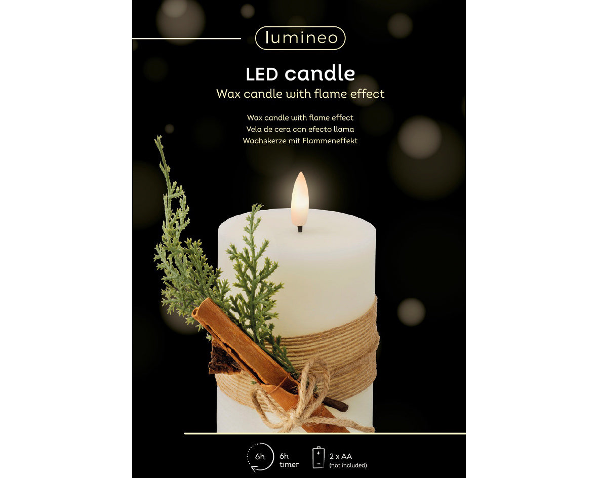Vela de navidad LED decorada blanco crema con tacto a cera 13cm x dia8cm