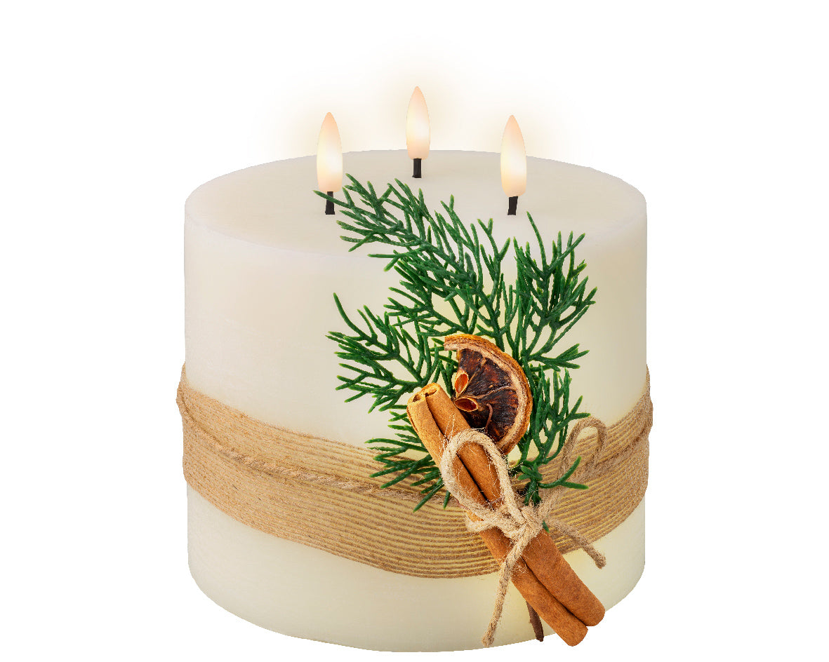 Vela de navidad LED decorada blanco crema con tacto a cera 15cm x dia15cm