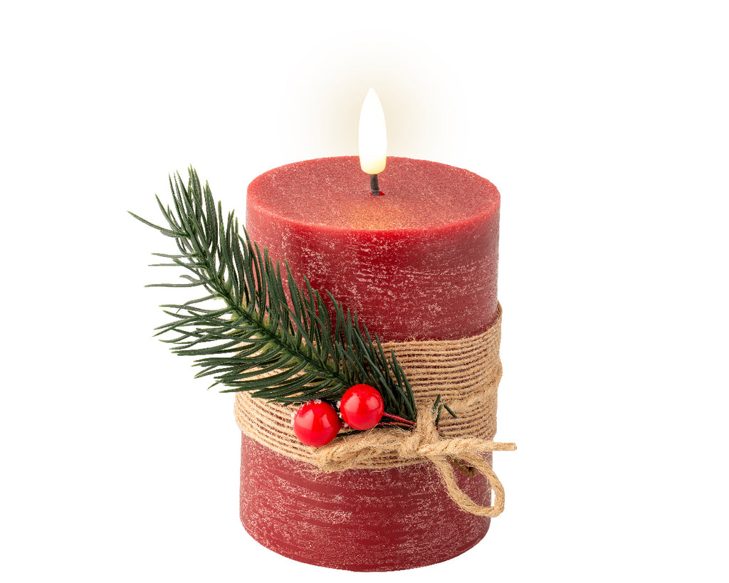 Vela de navidad LED decorada rojo crema con tacto a cera 13cm x dia8cm