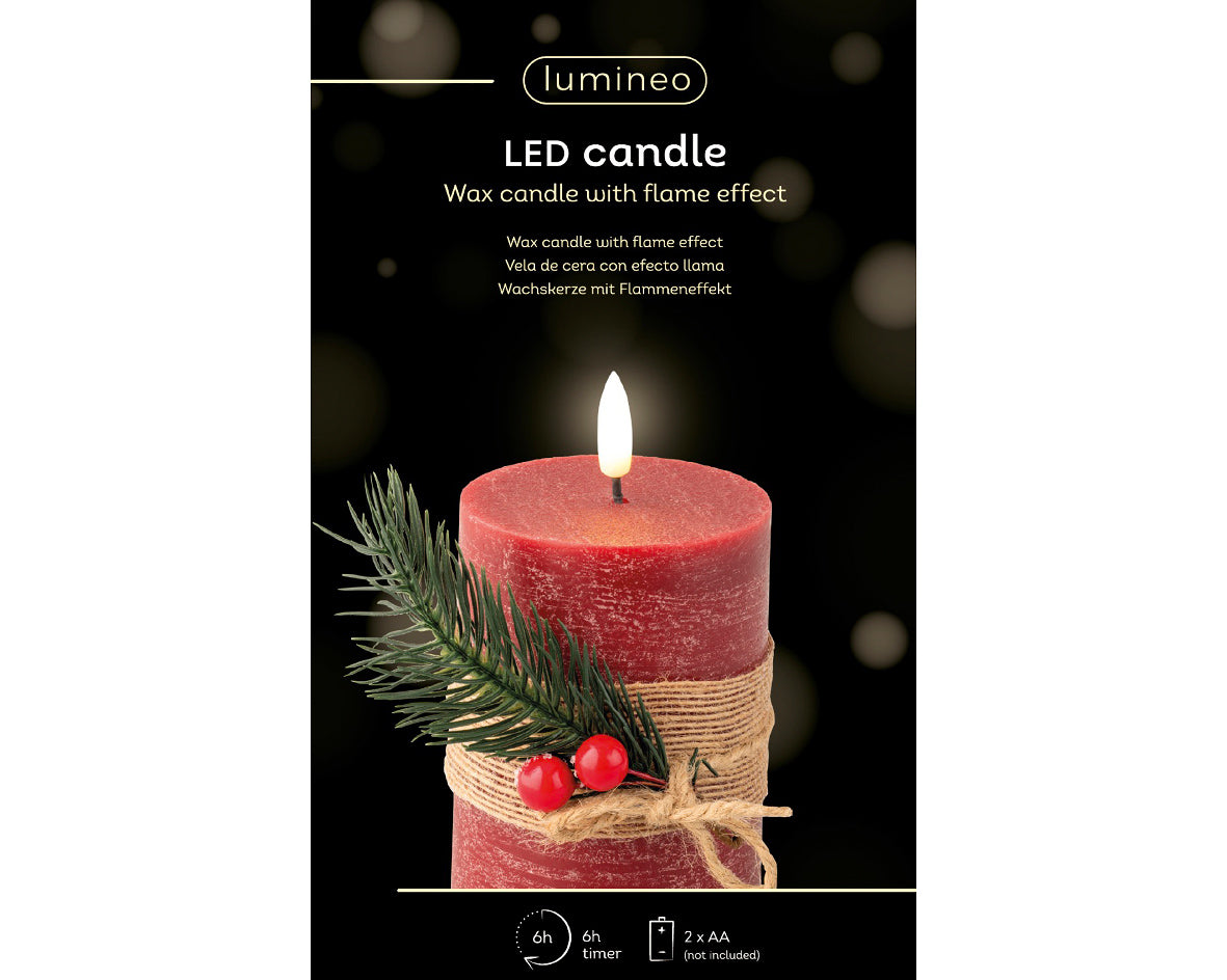 Vela de navidad LED decorada rojo crema con tacto a cera 13cm x dia8cm