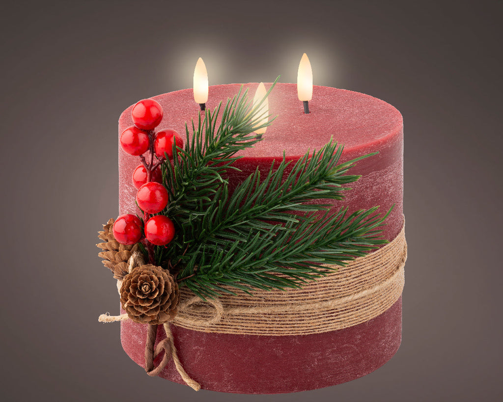 Vela de navidad LED decorada rojo crema con tacto a cera 15cm x dia15cm