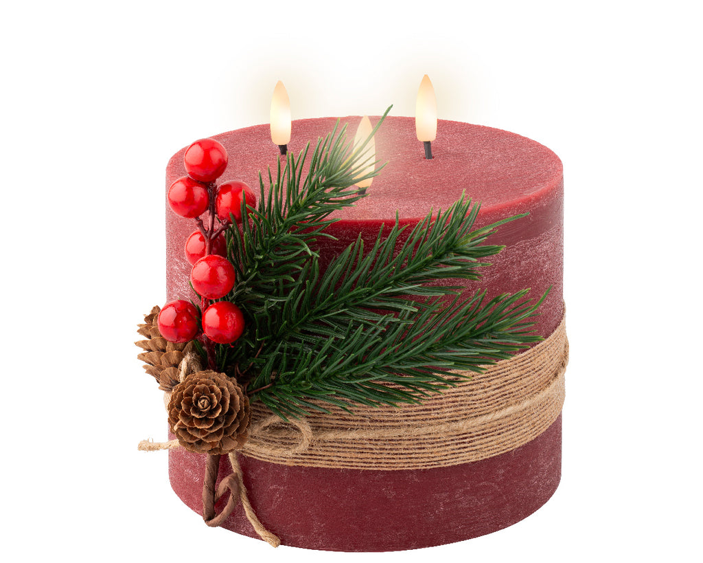Vela de navidad LED decorada rojo crema con tacto a cera 15cm x dia15cm