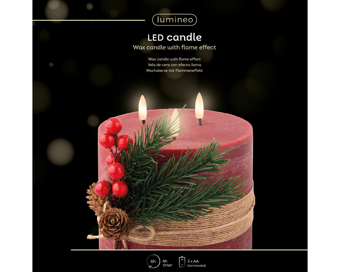 Vela de navidad LED decorada rojo crema con tacto a cera 15cm x dia15cm