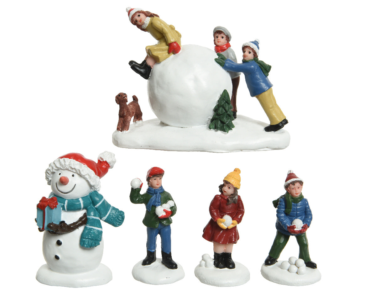 Figuritas Navideñas de resina de gente jugando con la nieve