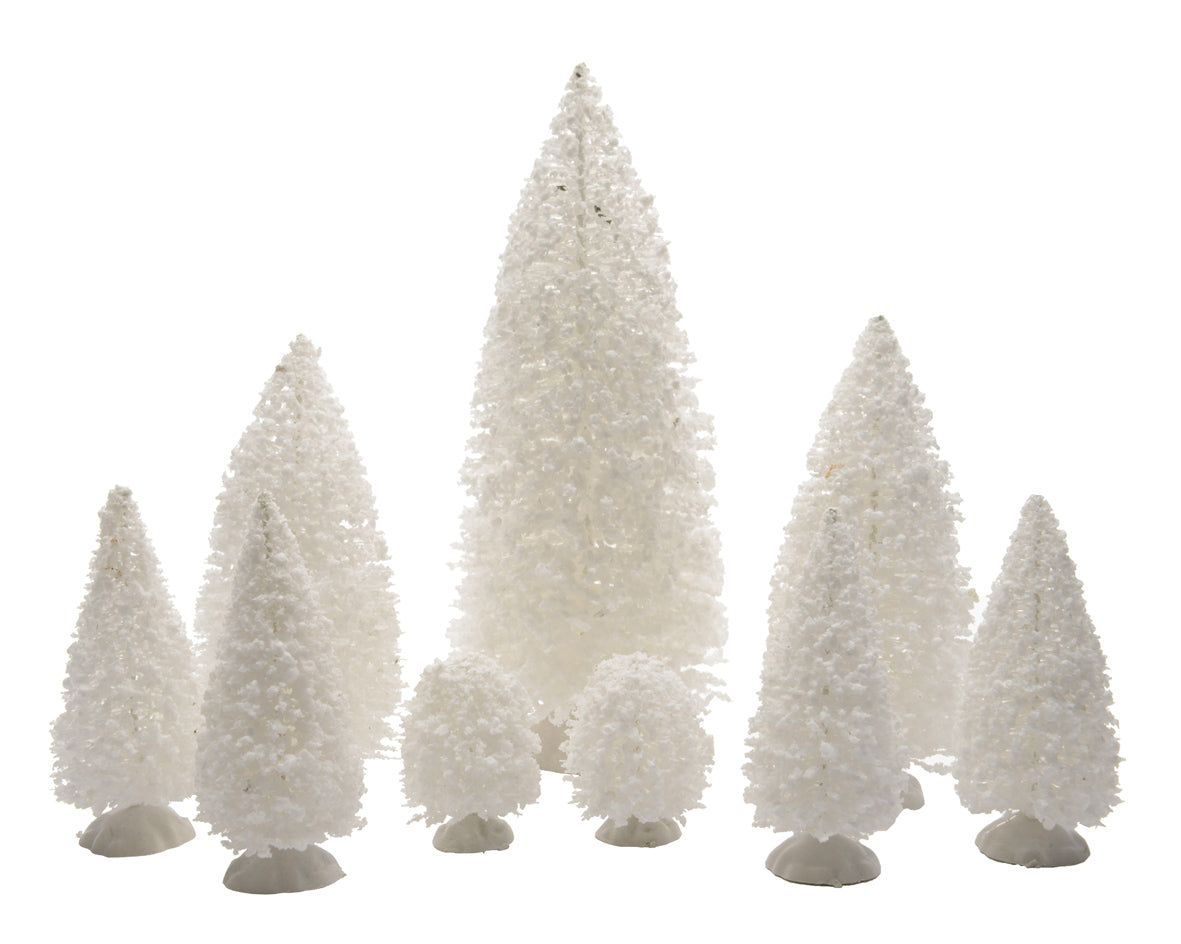 Set de 9x Árboles nevados para decoración de villas navideñas 22,5 cm
