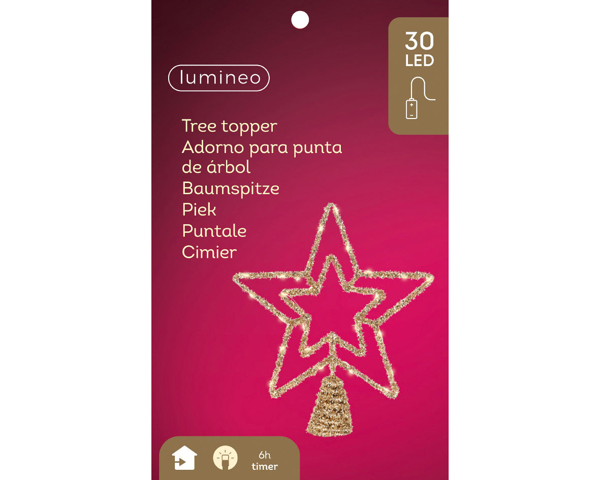 punta de árbol de Estrella con luces dorado 28cm