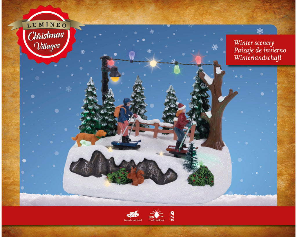 Escenario de navidad de esquiadores en la nieve