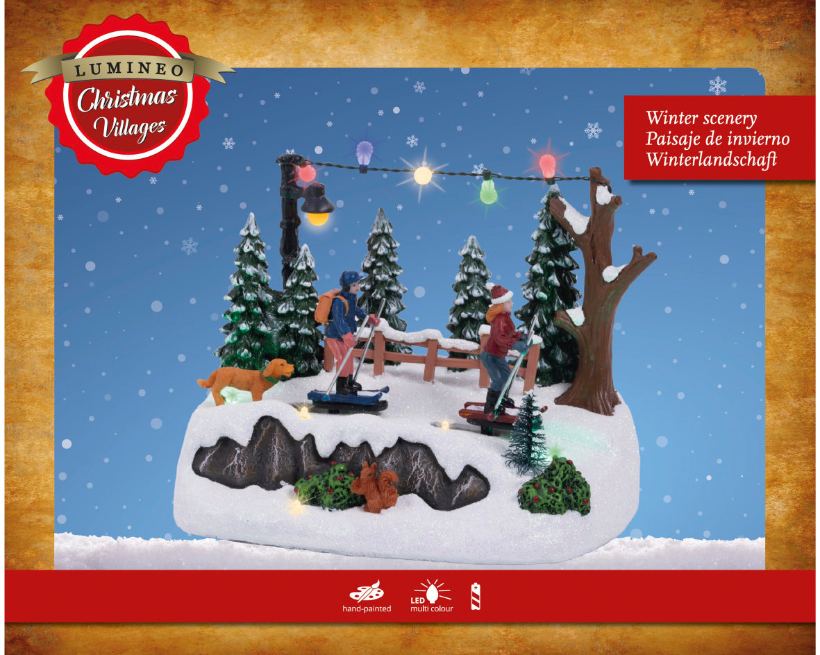 Escenario de navidad de esquiadores en la nieve