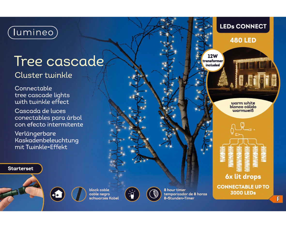 Casada de luces para árboles conectable Blanco Cálido cable negro