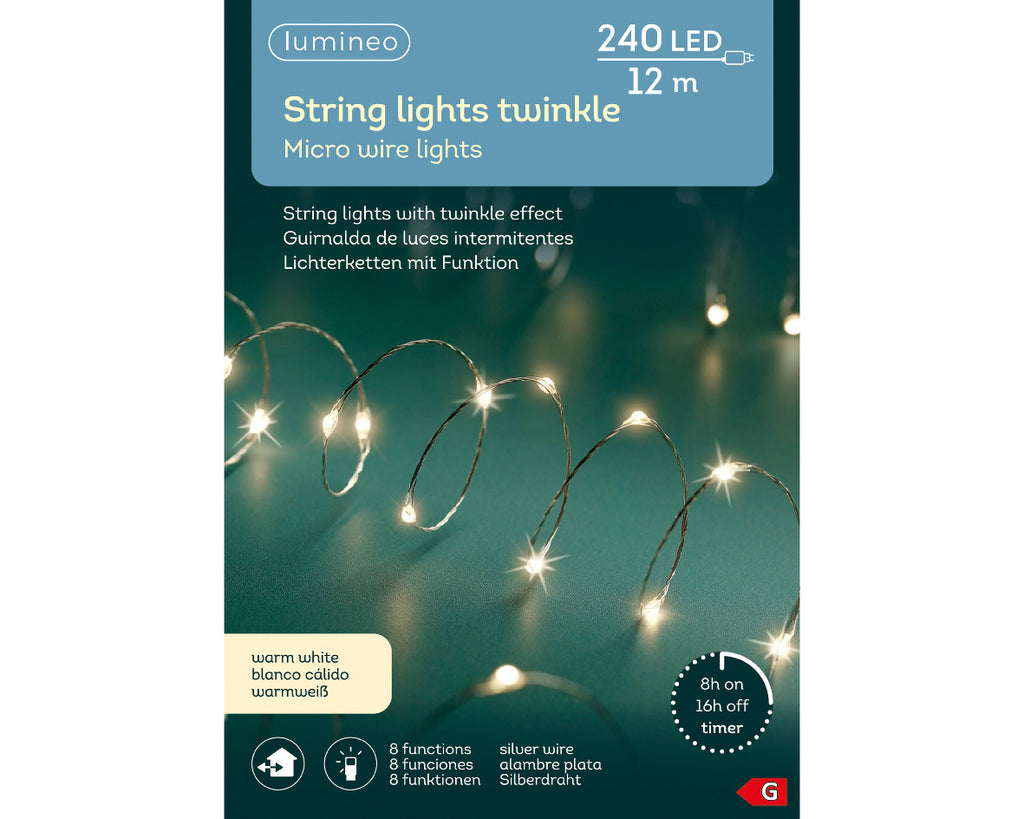 Luces de Navidad microled exterior 12metros Blanco Cálido con Multifunción y temporizador