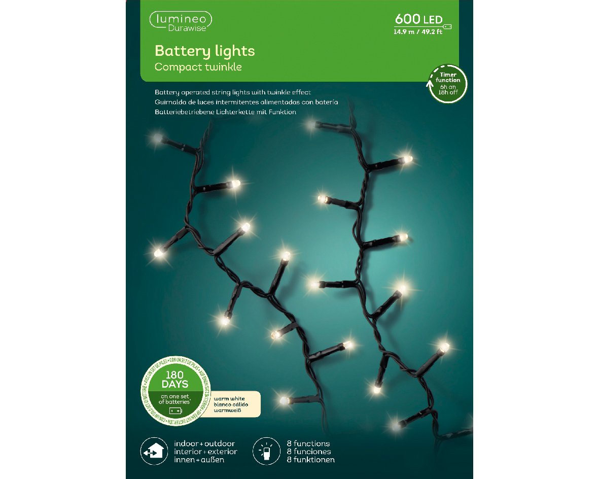 Guirnalda de luces Compact a Pilas para exterior 15m-600LED Blanco cálido