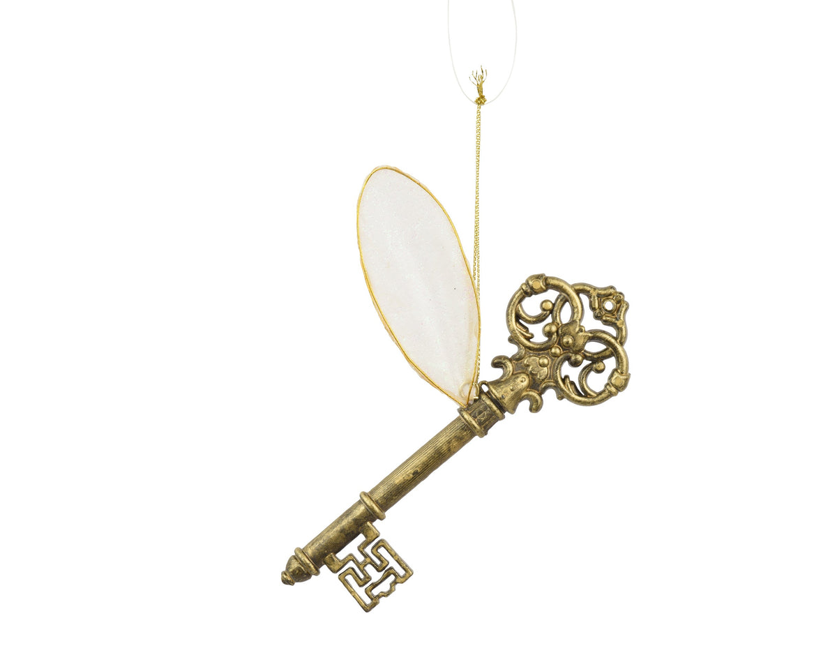 512490-Adorno colgante de hierro llave dorada antigua con ala 14 cm-navidad-envio-canarias