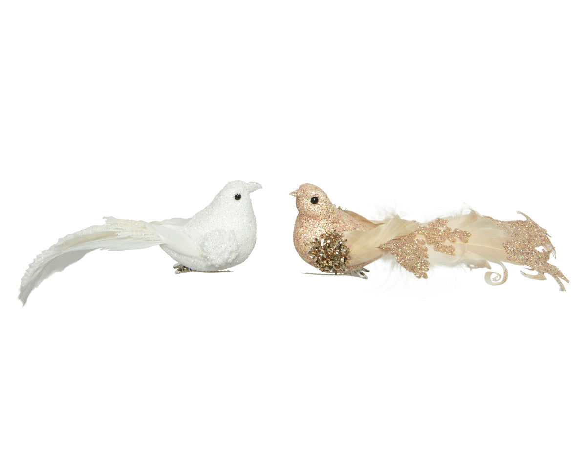 Pájaro pequeño blanco y dorado decoración navideña 16,5 cm