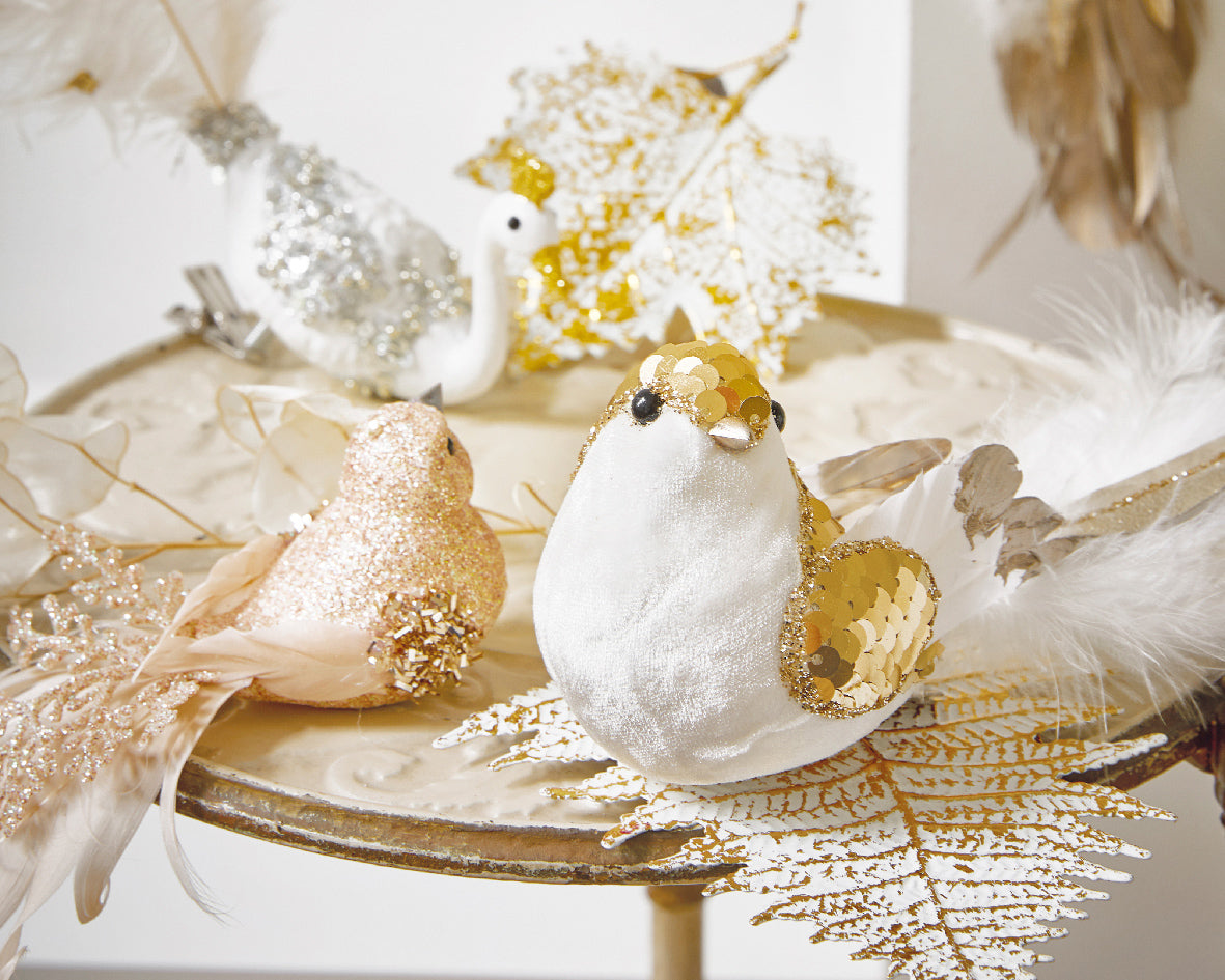 Pájaro pequeño blanco y dorado decoración navideña 16,5 cm