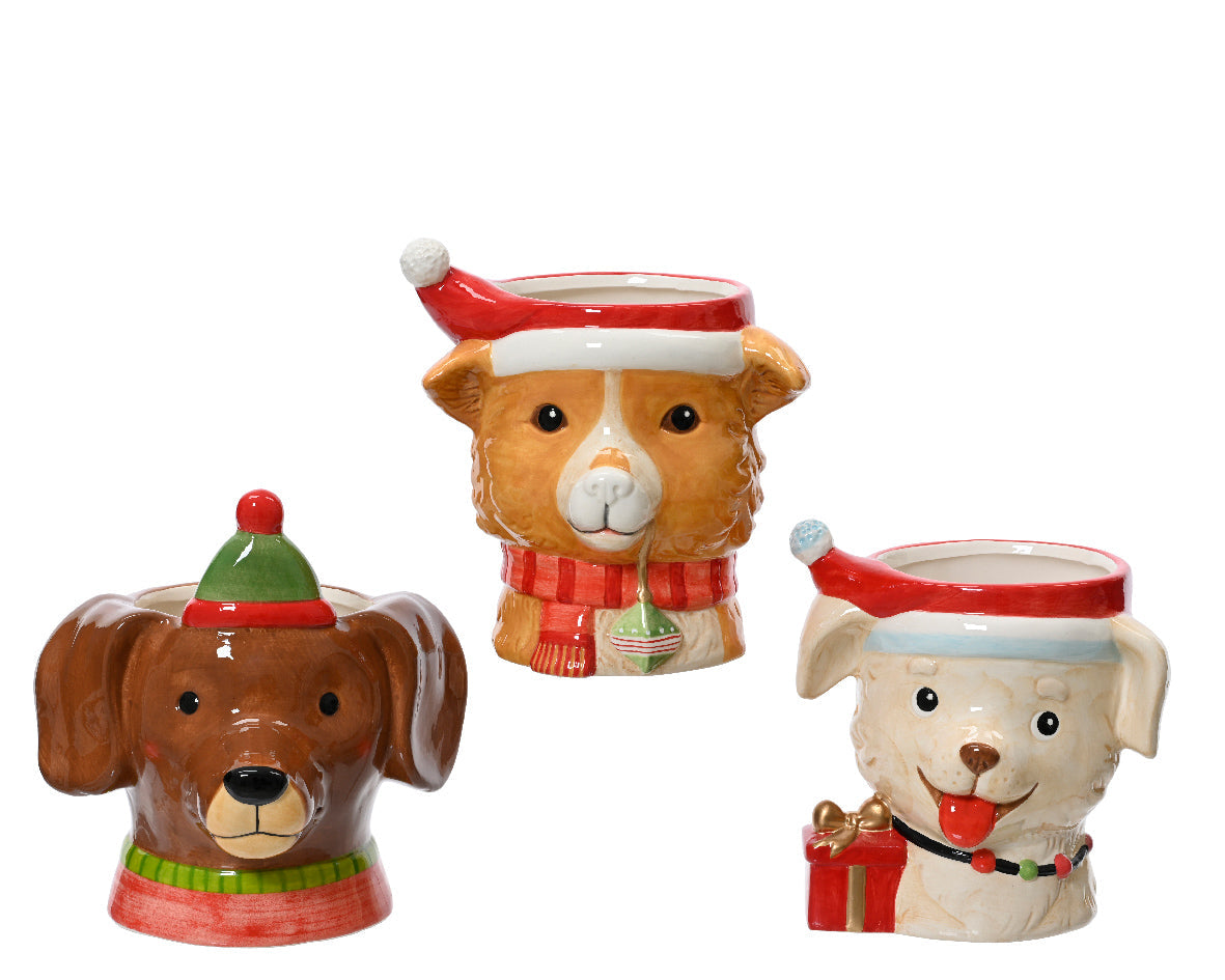 Perro decoración macetero de cerámica roja,verde y marrón de caramelo 16,3cm
