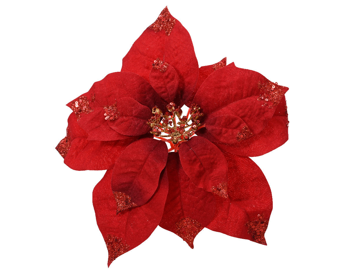 Adorno navideño rojo poliéster terciopelo florales de navidad 25 cm