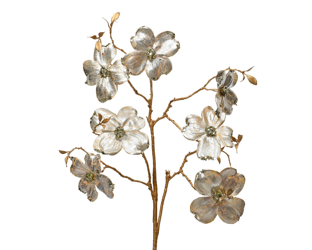 Rama floral de navidad Dogwood dorada 90cm