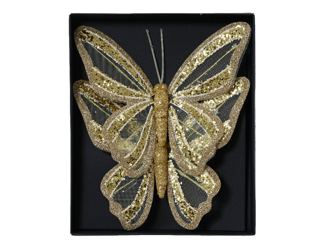 Elemento esencial de adorno de navidad poliéster de mariposa dorada  14 cm