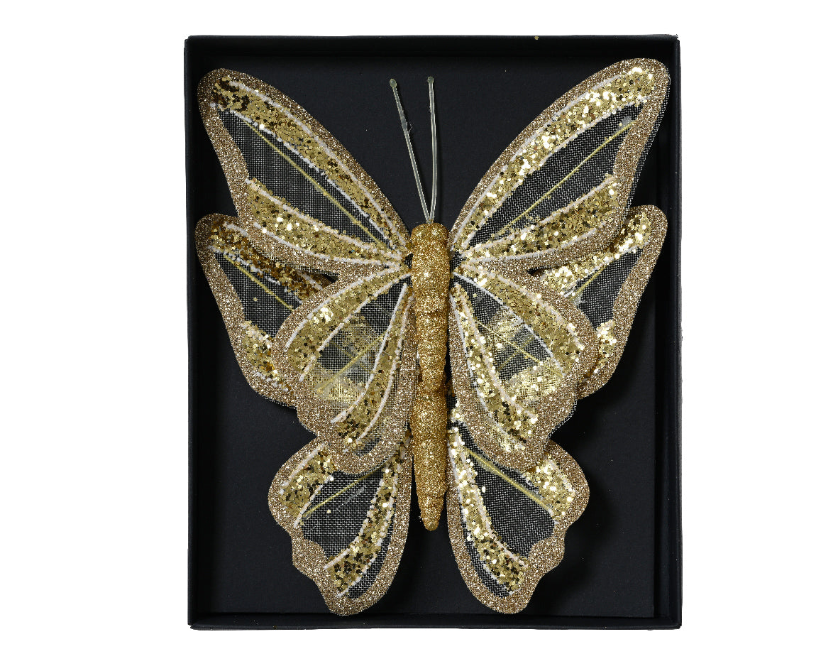 Elemento esencial de adorno de navidad poliéster de mariposa dorada  14 cm