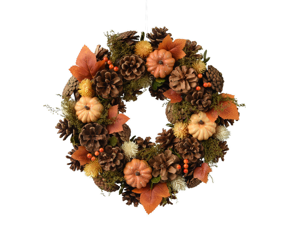 Corona de calabazas poliéster color naranja de 34cm