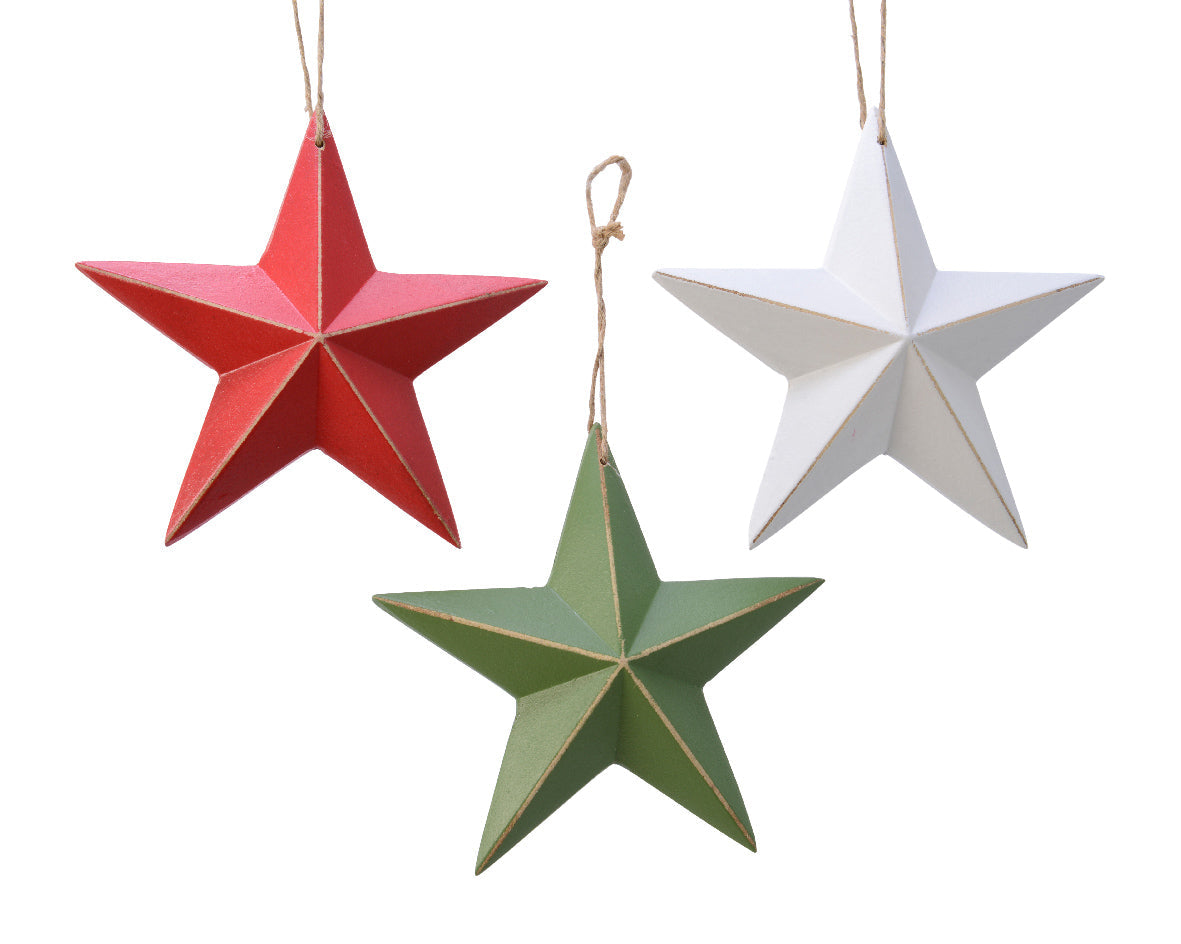 Estrella de madera color rojo, verde y plateado